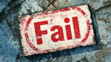 Graphic of the word "Fail" in a distressed red ink stamp design, conveying a sense of rejection or failure, great for educational or professional use.の素材