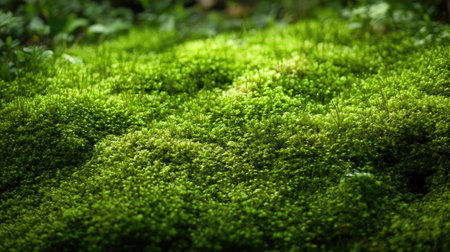 Lush green moss covering the ground, creating a tranquil botanical background with space for text, perfect for nature and wellness themes.の素材