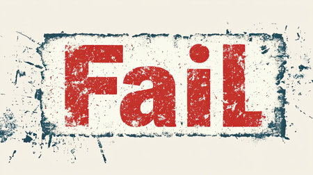 Vector illustration of the word "Fail" in bold red ink stamp style, emphasizing rejection or failure, perfect for educational or assessment visuals.の素材