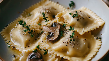 Winter comfort food: Italian ravioli with a rich mushroom sauce, garnished with herbs and pepper, perfect for promoting seasonal and cozy recipes.の素材
