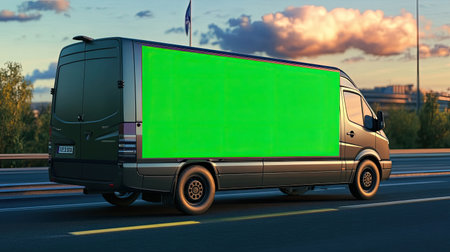 Close-up of a mini van on the highway, featuring a green screen chroma key billboard on the side, perfect for customizable marketing and advertising campaigns.の素材
