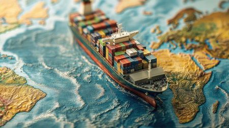 Container ship model sailing on a world map, representing global trade, logistics, and transcontinental transportation, ideal for business concepts.の素材