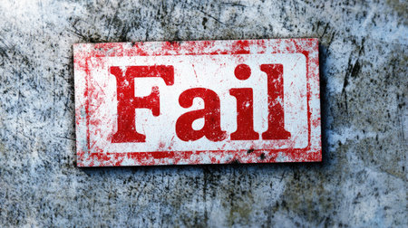 Graphic of the word "Fail" in a distressed red ink stamp design, conveying a sense of rejection or failure, great for educational or professional use.の素材