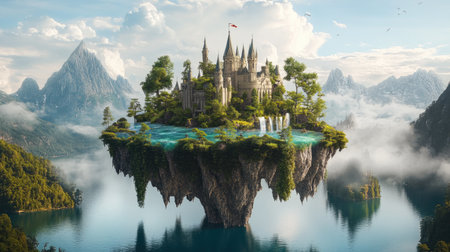 Magical floating island with a fairytale castle, surrounded by lush vegetation and a serene lake, evoking a sense of fantasy and wonder.の素材