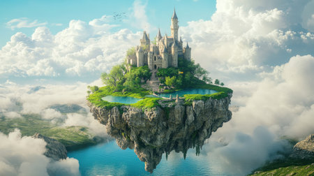 Enchanting castle on a floating island, nestled in a lush landscape with a small lake and fluffy clouds, perfect for fantasy-themed visuals.の素材