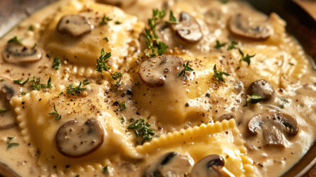Hearty Italian ravioli in a creamy mushroom sauce, topped with herbs and ground pepper, ideal for showcasing winter recipes and comforting dishes.の素材