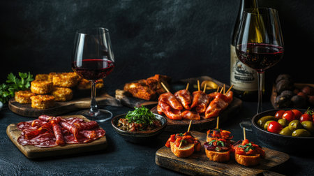 Spanish tapas with red wine set against a dark background, offering a perfect frame for branding or advertising with a focus on traditional cuisine.の素材