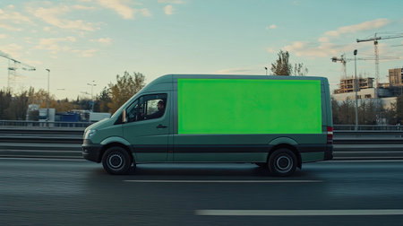 Mini van people carrier with a green screen billboard on the side, driving on a busy highway, ideal for ad agencies to place their own content.の素材