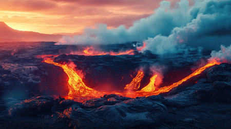 Volcanic terrain with boiling lava pools and rising steam, captured in a surreal and vibrant illustration, evoking a sense of heat and intensity.の素材