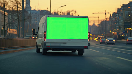 Green screen billboard on a mini van traveling on a highway, ready for marketing content targeting consumers and commuters on the go.の素材