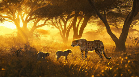 A cheetah brings her cubs into the world in a serene grassland, with the acacia trees casting long shadows in the golden light.の素材