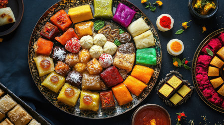 A beautifully arranged thali of Indian sweets, showcasing the diversity and richness of flavors, with vibrant colors that enhance the feeling of satisfaction after eating.の素材