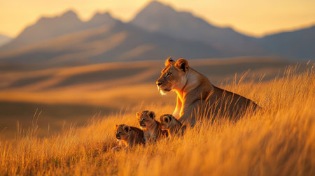 A lioness tenderly cares for her newborn cubs in the golden grasses of the savannah at dawn, with majestic mountains in the background.の素材