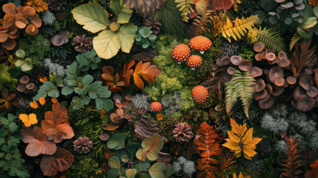 A vibrant view of the forest floor, with a variety of plants, fungi, and natural elements creating a rich and diverse tapestry of nature.の素材