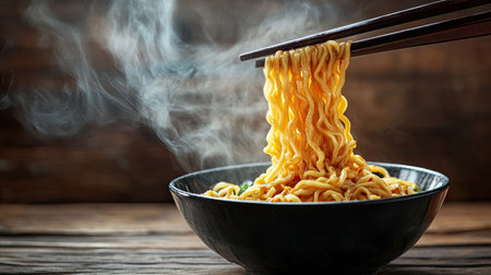 A pair of chopsticks lifting a delicious tangle of noodles from a steaming bowl, with soft smoke rising in front of a rustic wooden background.の素材