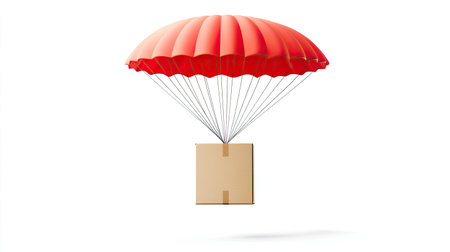 A cardboard package attached to a red parachute, floating on a white background, symbolizing fast delivery and reliable service.の素材