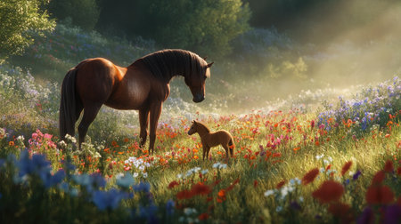 A wild horse gives birth to a foal in a peaceful meadow, surrounded by colorful wildflowers and tall, swaying grass.の素材