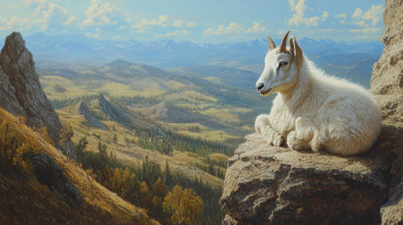 A mountain goat gives birth on a rocky cliffside, overlooking a breathtaking landscape of rolling hills and forests.の素材