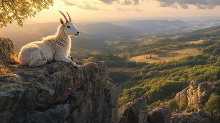 A mountain goat gives birth on a rocky cliffside, overlooking a breathtaking landscape of rolling hills and forests.の素材