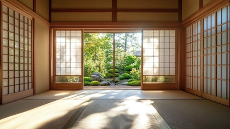 A serene Japanese-style room with a tatami mat floor, soft sunlight filtering through shoji screens, and a view of a lush green garden.の素材