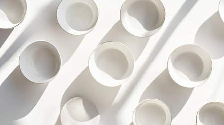 A top-down view of white ceramic bowls and plates on a white background, with shadows adding depth and highlighting the simplicity of the design.の素材