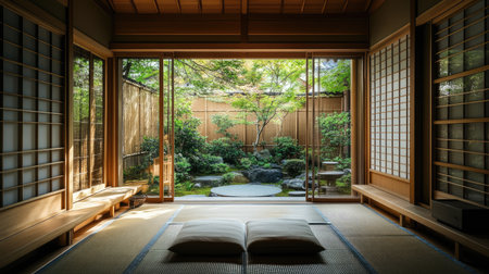 A Japanese-style room with simple wooden furniture, a tatami mat, and a sliding door opening to a tranquil garden, bathed in calming, natural light.の素材
