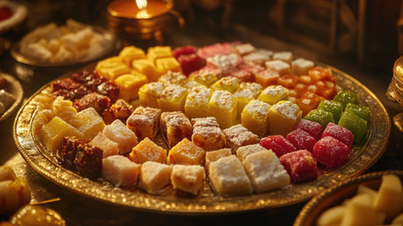 A platter filled with different Indian sweets, bathed in warm lighting that highlights their rich colors and enticing appearance, evoking the joy of eating them.の素材