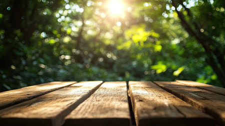 Natural wooden table set in a tranquil forest, bathed in soft, dappled sunlight. Ideal for creating a peaceful, nature-themed advertisement.の素材