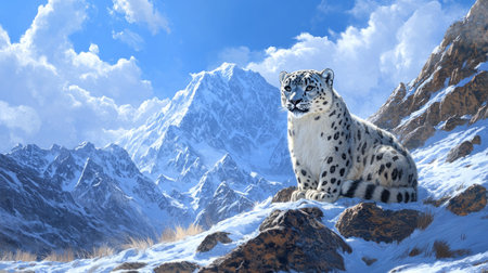 A snow leopard gives birth on a remote, snowy mountainside, with jagged peaks and a brilliant blue sky creating a breathtaking backdrop.の素材