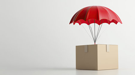 A 3D render of a cardboard box with a red parachute, set against a clean white background, perfect for illustrating shipping and delivery concepts.の素材