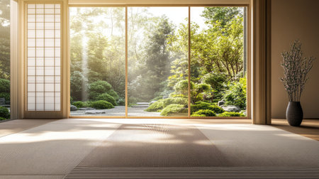 A minimalist Japanese-style room with a tatami mat floor, large windows framing a lush garden, and soft natural light creating a serene and peaceful ambiance.の素材