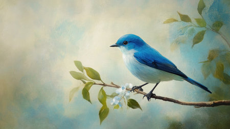 A delicate blue bird on a branch, with vibrant feathers and a soft background, perfect for illustrating the beauty of nature.の素材