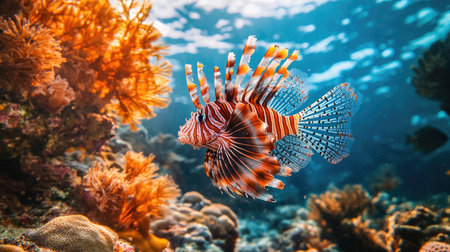 A vibrant lionfish swimming gracefully through the coral, its spines creating a striking and dangerous beauty in the underwater world.の素材