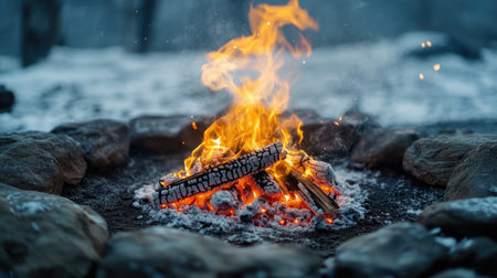 A campfire crackling in the middle of a rocky circle, with bright orange flames leaping into the cold winter air, creating warmth in the snowy landscape.の素材