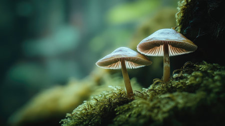 Close-up of two mushrooms growing in the mossy forest floor, with rich textures and soft lighting highlighting the natural beauty of their surroundings.の素材