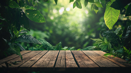 Wooden table surrounded by dense forest greenery, creating a calm and inviting atmosphere. Excellent for nature-themed advertisements with room for text.の素材