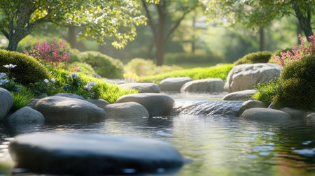 A peaceful Japanese garden scene with carefully arranged stones, flowing water, and lush plants, offering a sense of tranquility and balance.の素材