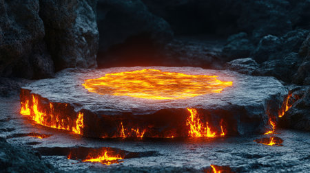 A 3D-rendered podium surrounded by flowing lava, glowing with heat and energy, ideal for dramatic product displays in a volcanic rock setting.の素材
