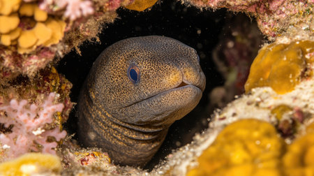 A mysterious eel peeking out from its rocky hideout, its body winding sinuously through the coral as it surveys the underwater landscapeの素材