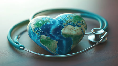 Vector image of a heart-shaped globe with a stethoscope, perfect for World Health Day campaigns, symbolizing love and care for global health.の素材