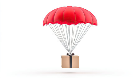 A red parachute carrying a cardboard package, isolated on a white background, representing quick and efficient delivery services.の素材