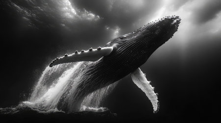 A majestic humpback whale breaching the surface of the water, with its enormous body half-submerged, creating a breathtaking moment of wonder.の素材