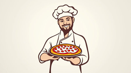 A smiling chef holding a pizza, captured in a simple yet effective vector logo design, suitable for restaurant branding and menus.の素材