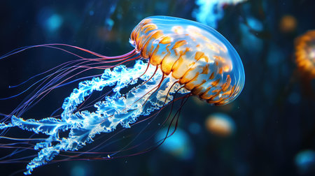 A mesmerizing jellyfish drifting through the water, its delicate tentacles trailing behind as it glows softly in the deep blue sea.の素材