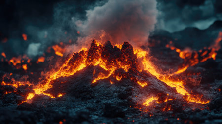Fiery lava podium display amidst smoldering volcanic rocks. A dynamic product showcase with glowing magma and smoke in a surreal, molten landscape.の素材