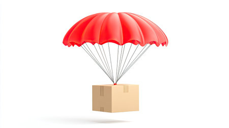 A cardboard package gently descending with a red parachute, isolated on a white background, symbolizing safe and timely delivery.の素材