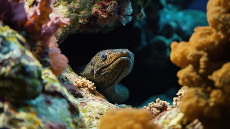 A mysterious eel peeking out from its rocky hideout, its body winding sinuously through the coral as it surveys the underwater landscapeの素材