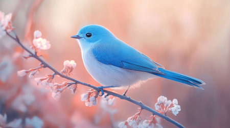 A delicate blue bird on a branch, with vibrant feathers and a soft background, perfect for illustrating the beauty of nature.の素材