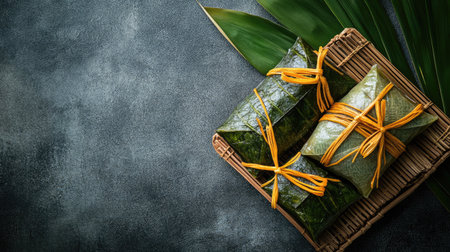 Delight in the beauty of traditional Asian rice dumplings beautifully wrapped in leaf and tied with twine, showcasing culinary artistry and rich cultural heritage.の素材