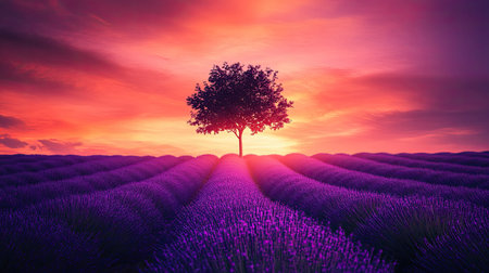 A tranquil scene showcasing a lone tree silhouetted against a vibrant sunset over blooming lavender fields. The striking colors create a peaceful atmosphere, perfect for nature lovers.の素材